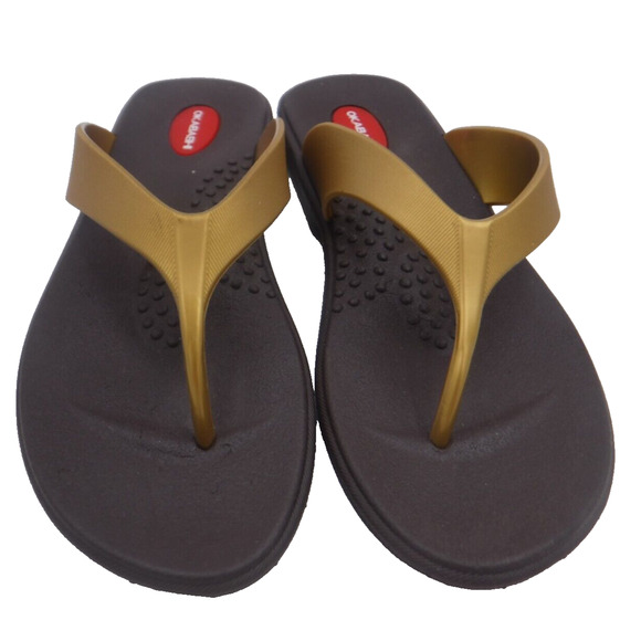 OKBASHI Gold and Brown Women's Teens Sandal‎ Size M 7-8 Flip Flop Shoes MADE USA - Picture 2 of 7